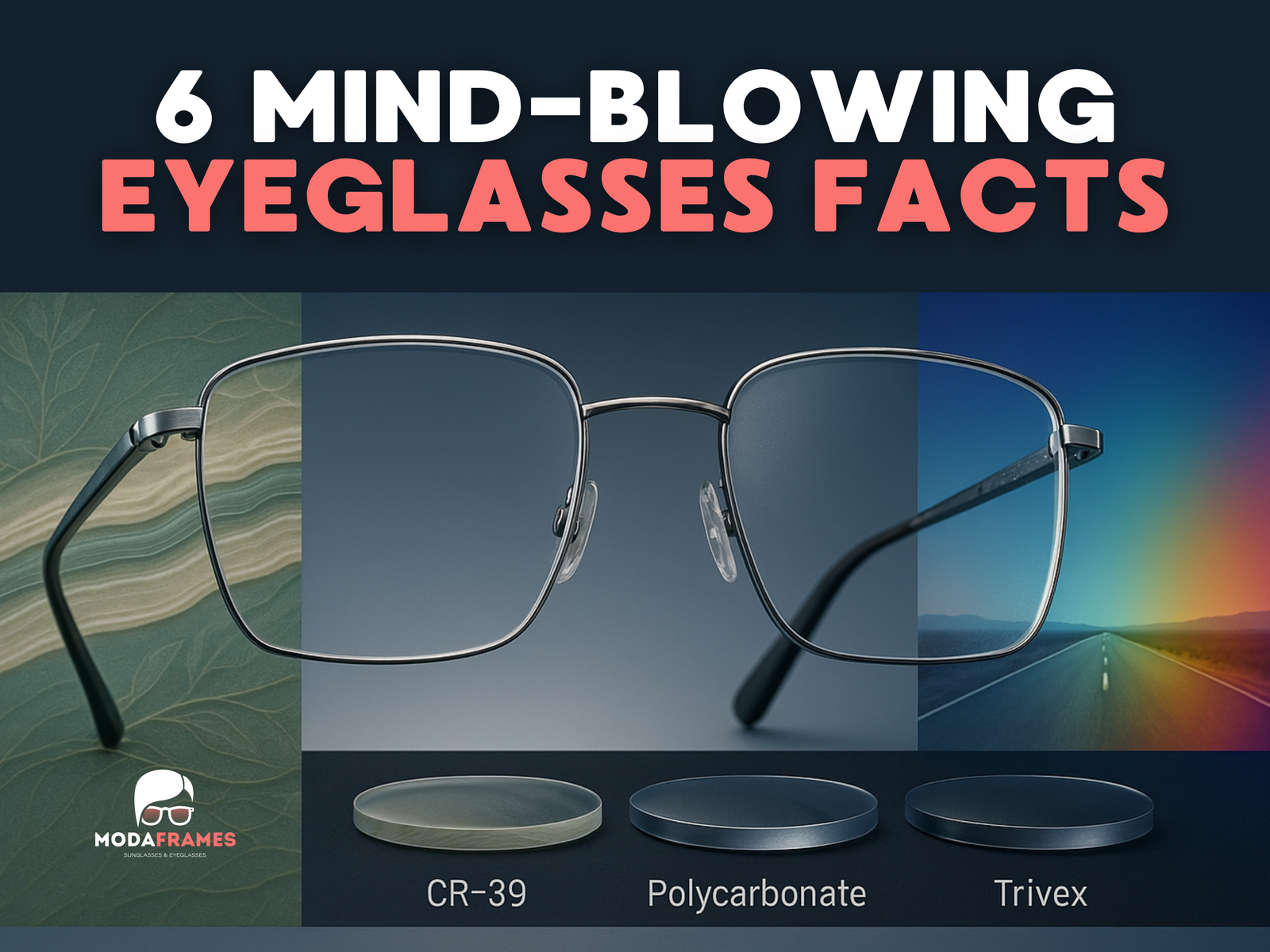 Photoreal collage of titanium rimless glasses with acetate, UV spectrum and lens material strip