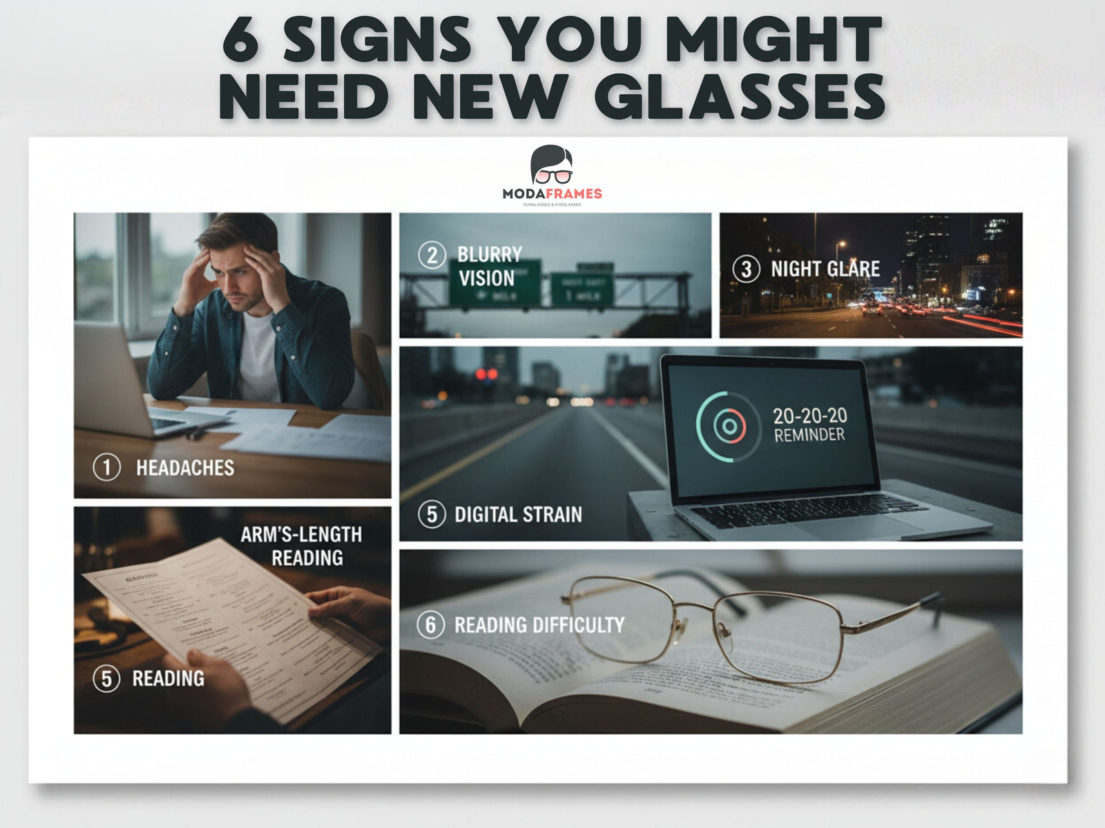 Hero collage of headaches, blurry road sign, night glare, and arm’s-length reading—6 signs you need new glasses
