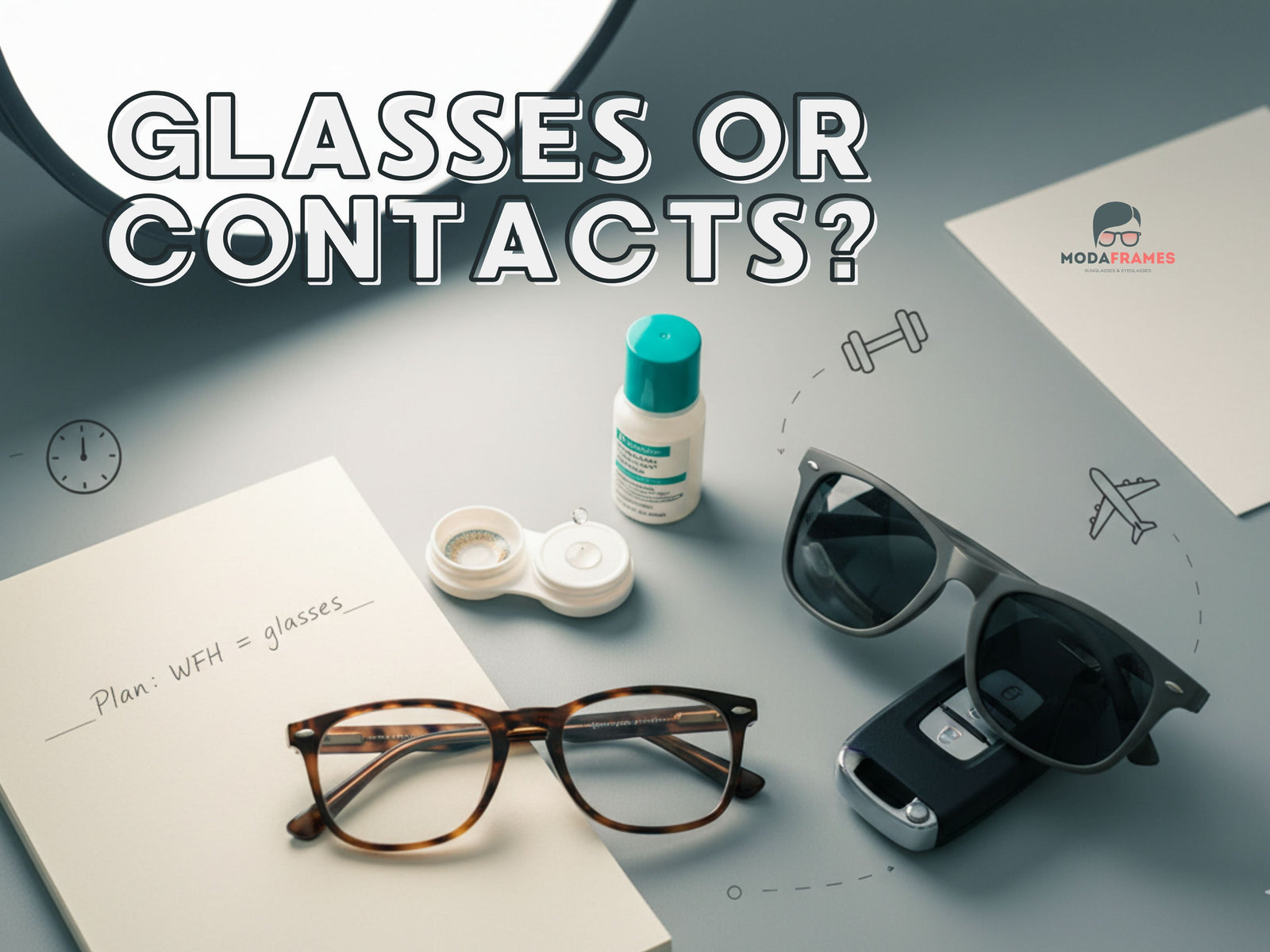 Hero collage of eyeglasses, contact lens case with solution, and prescription sunglasses—your glasses vs contacts toolkit.