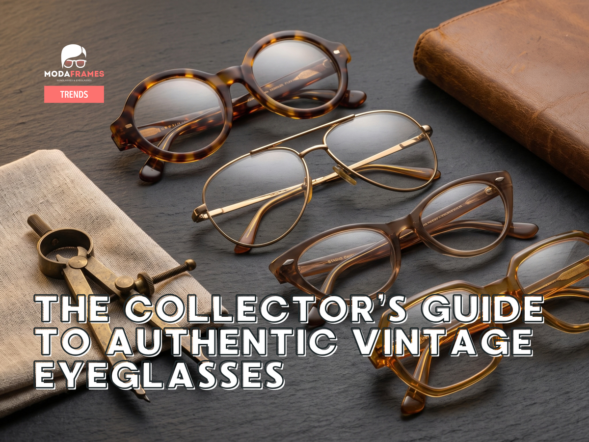 Authentic vintage eyeglasses and antique optical frames collection arranged on dark minimalist velvet with vintage optical instruments and warm ambient studio lighting