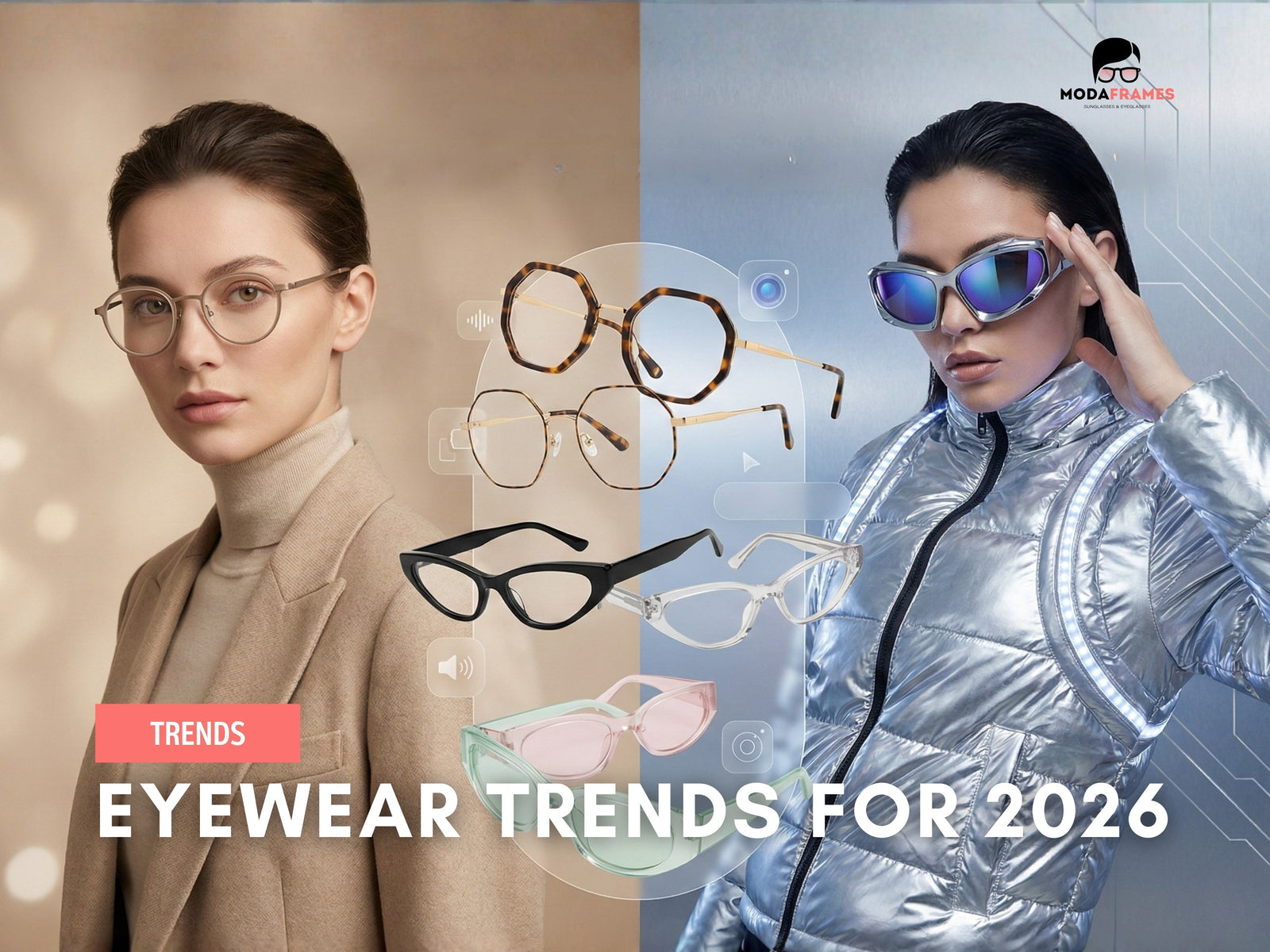 Editorial collage of 2026 eyewear trends showing quiet luxury neutral frames, futuristic chrome glasses, geometric shapes, and Y2K-inspired styles.