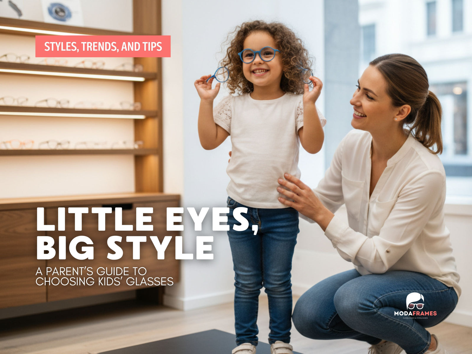 Smiling child wearing blue kids glasses while a parent assists at an optical shop — kids glasses guide to choosing frames and lenses.