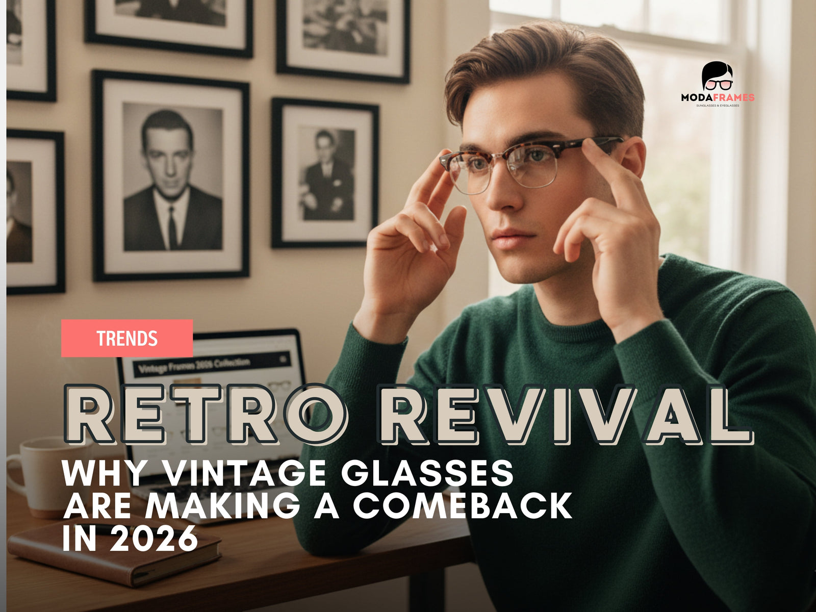 Fashion portrait of a person wearing vintage-inspired eyeglasses, surrounded by old photographs and a laptop showing an online eyewear store.