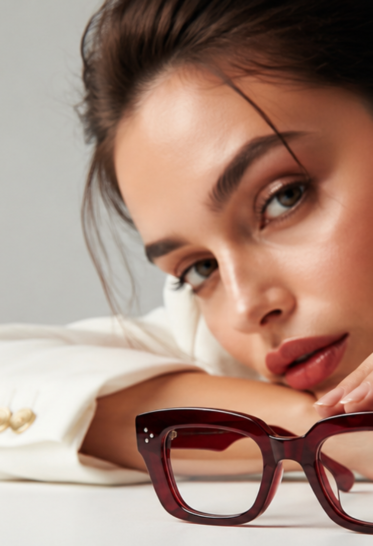 Smiling woman choosing burgundy designer eyeglasses in а modern studio setting - ModaFrames eyewear.