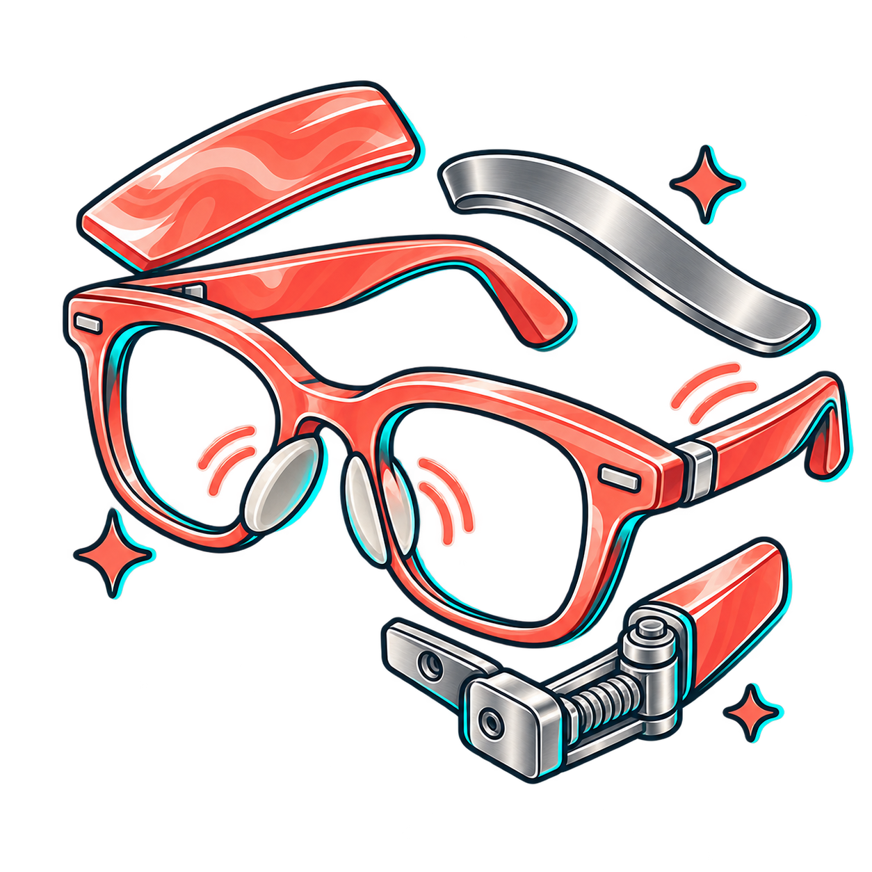 Exploded architectural view of designer eyeglass frame highlighting Italian acetate, titanium core reinforcement, and ergonomic spring hinge mechanism at ModaFrames