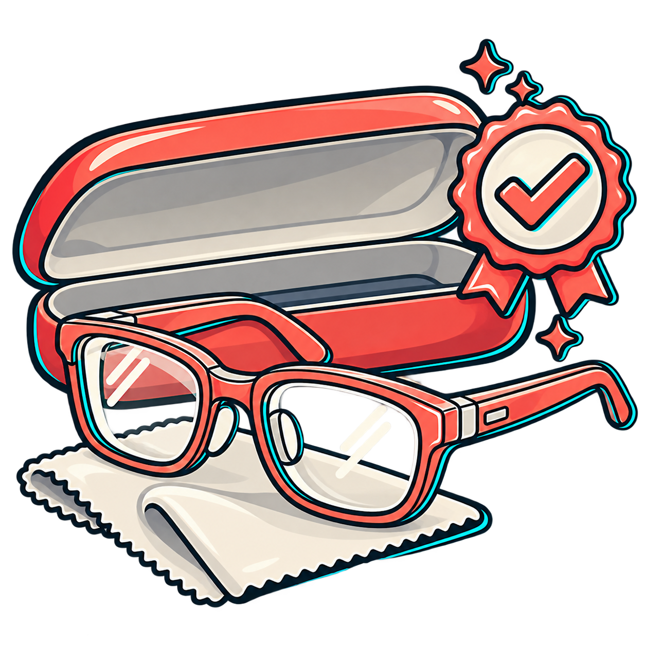 Authentic designer reading glasses resting beside protective case and microfiber cloth with ModaFrames verification shield and 30-day return guarantee