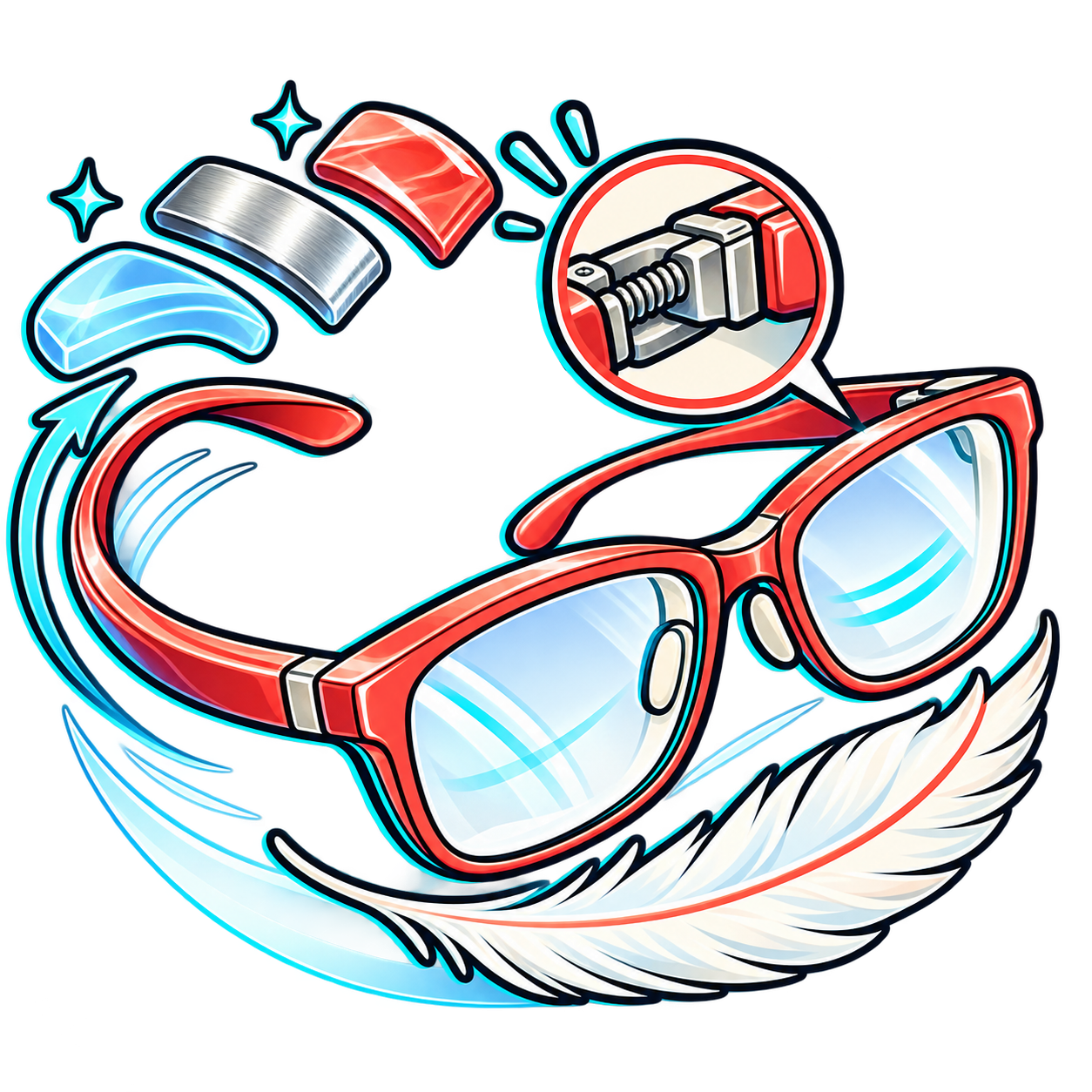 Exploded architectural diagram of designer reading glasses frame showing flexible spring hinges, handcrafted acetate temples, and ergonomic nose bridge at ModaFrames