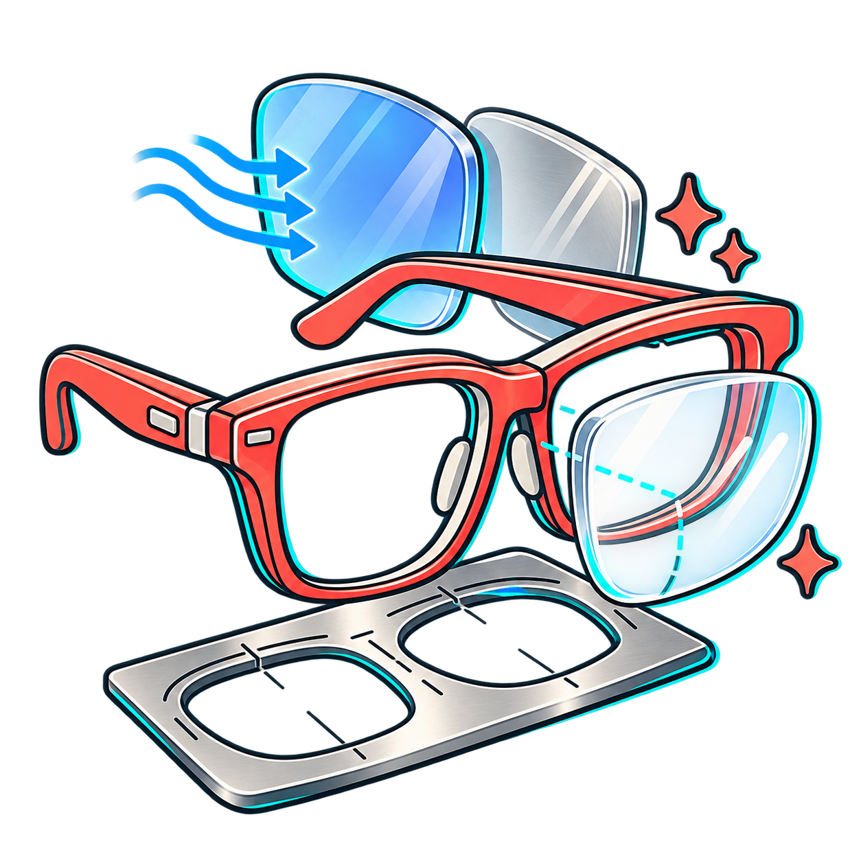 Prescription-ready designer eyeglasses featuring blue-light filtering lens, optical alignment crosshairs, and optometrist PD calibration grid at ModaFrames